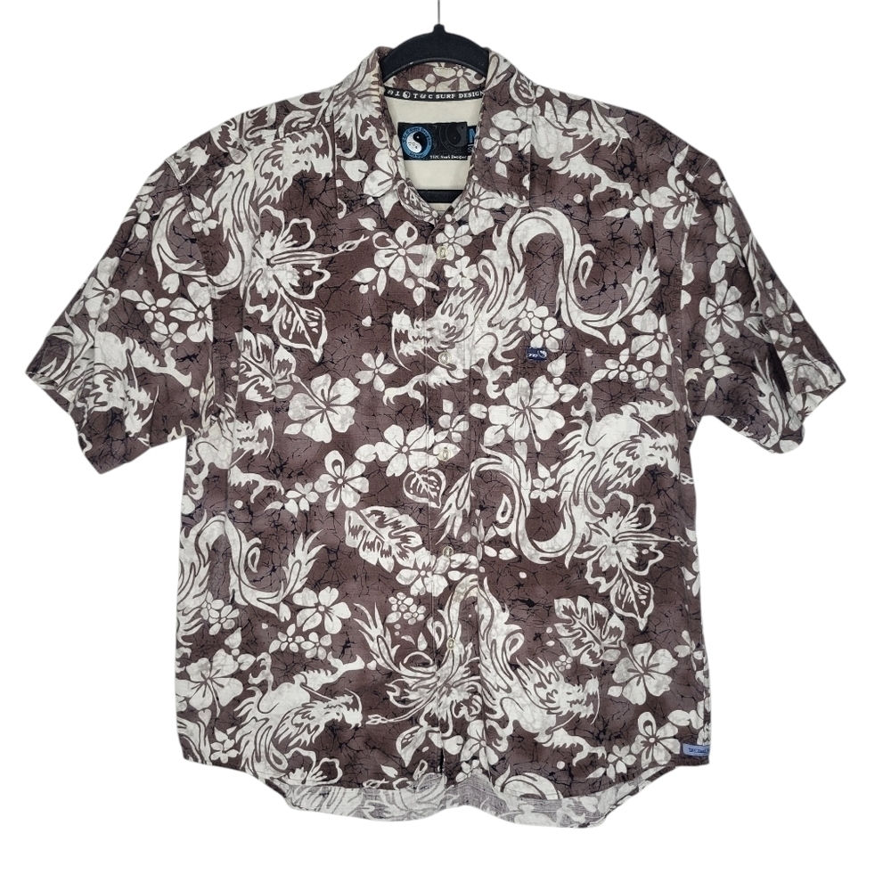 Vintage 90s T&C Surf Designs Dragon Hibiscus Hawaiian Button Down Shirt Size M
